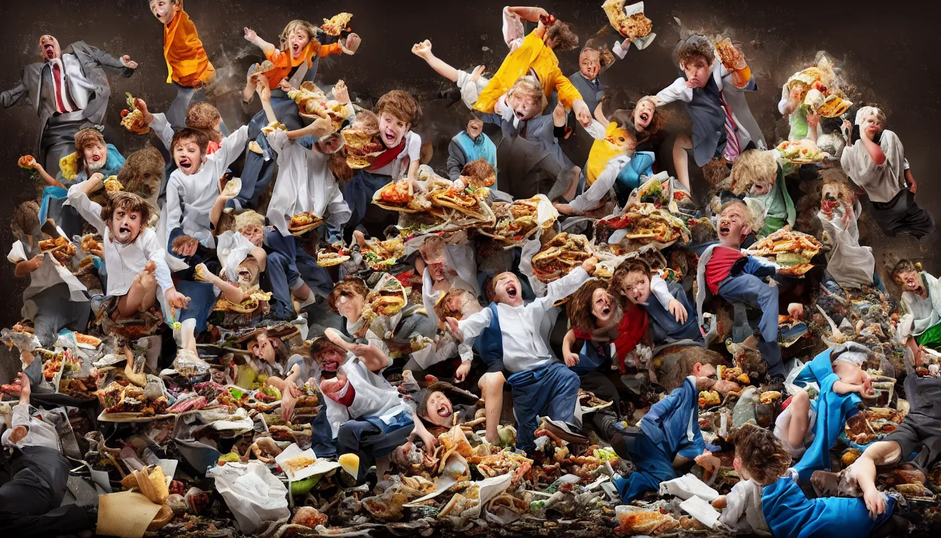 Image similar to disheveled children in rags obese men in suits and old people fighting in a fast food restaurant over piles half eaten rotting fast food, money floats in the air, hyper realistic photo, full colour, upscale, 8 k, masterpiece,