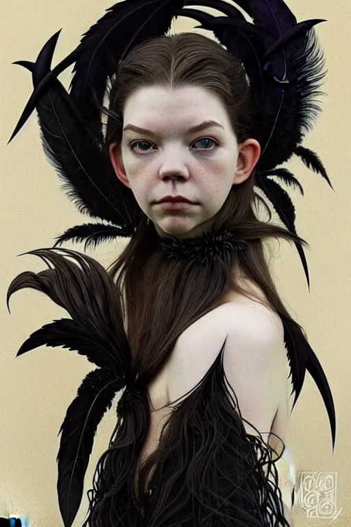 Image similar to symmetry!! jennifer connely mixed with anya taylor - joy as dark fae, black feathers instead of hair, feathers growing out of skin, shapeshifting, long black cloak, intricate, elegant, highly detailed, my rendition, digital painting, artstation, concept art, smooth, sharp focus, illustration, art by artgerm and greg rutkowski and alphonse mucha