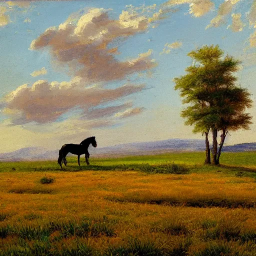 Prompt: a horse in the middle distance facing right. grass in the foreground. the scene is detailed and beautiful. the painting uses a limited palette of colors, which are applied in a direct and expressive manner. the composition is rhythmic.