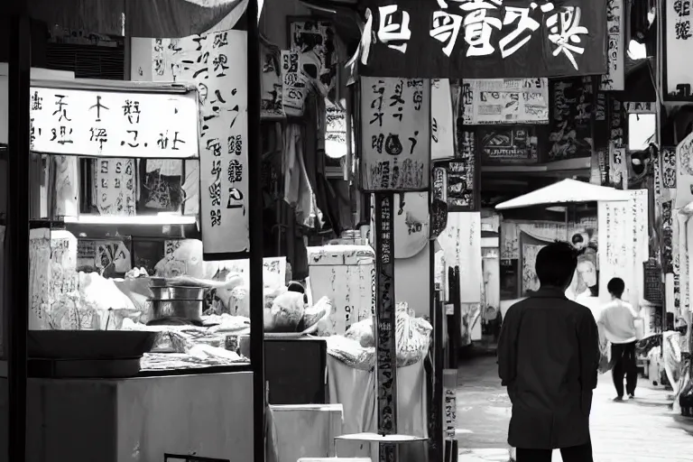 Image similar to still photo of a japanese street vendor, black and white color aesthetic, highly detailed, photorealistic portrait, bright studio setting, studio lighting, crisp quality and light reflections, unreal engine 5 quality render