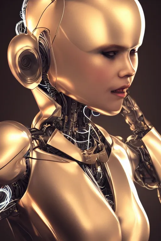 Image similar to a beautiful woman with blonde hair wearing robot suit with wires and light, highly detailed, photorealistic, artstation, smooth