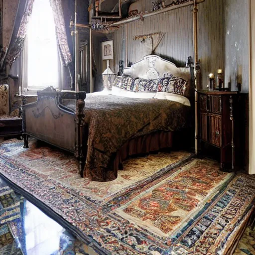 Prompt: a late 19th century London at night themed bedroom, cobblestone floors