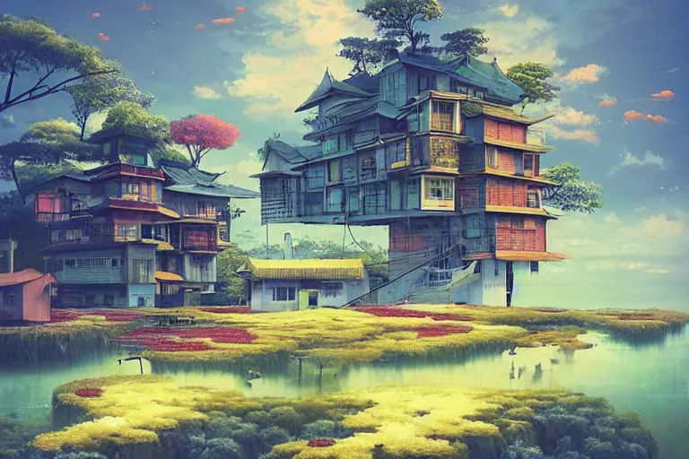 Image similar to surreal kyoto suburb, floating house in the sky, summer morning, very coherent and colorful high contrast, art by!!!! gediminas pranckevicius!!!!, geof darrow, dark shadows, hard lighting