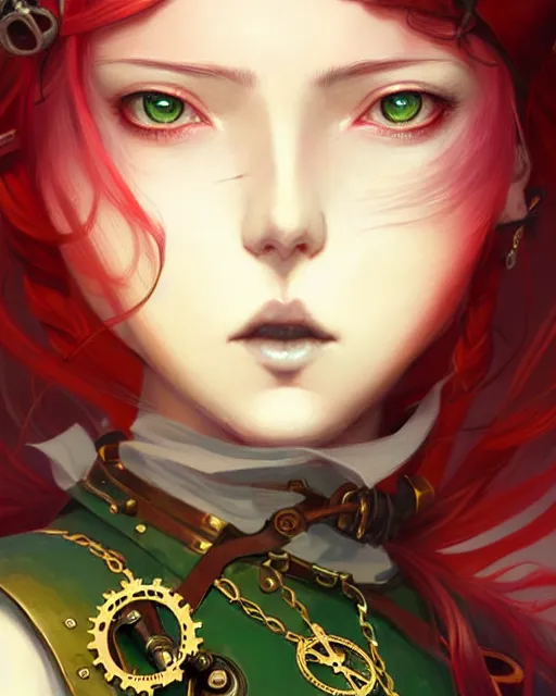 Image similar to a beautiful close up portrait 2D illustration of a young female steampunk pirate wearing leather armor on gold and red trimmings on green, by Charlie Bowater, tom bagshaw, Artgerm and Lois Van Baarle, beautiful anime face, very cool pose, pirate ship with an epic sky background, slightly smiling, cinematic anime lighting and composition, fantasy painting, very detailed, ornate, trending on artstation and pinterest, deviantart, google images