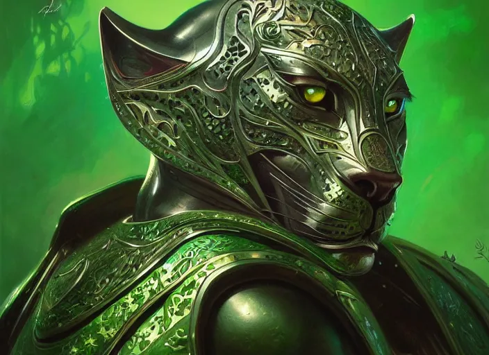 Prompt: portrait of a green panther, d & d, armour! fantasy, intricate, elegant, highly detailed, digital painting, artstation, concept art, smooth, sharp focus, illustration, art by artgerm and greg rutkowski and alphonse mucha