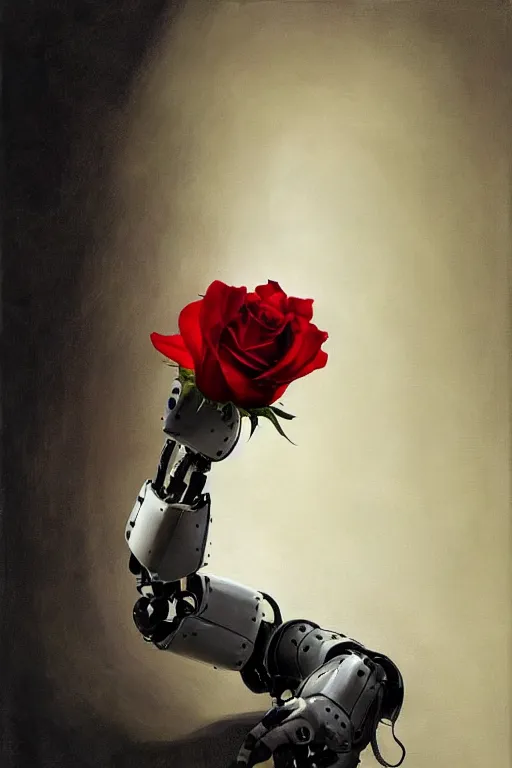 Prompt: a close-up portrait of a robotic arm holding a red rose, painted by Raphel, dramatic backlighting, autochrome, chiaroscuro, highly detailed, sharp focus, digital painting, concept art, illustration, rock, trending on artstation, art by Ruan Jia and Raphael, Art directed by Shepard Fairey, color scheme by Mandy Jurgens