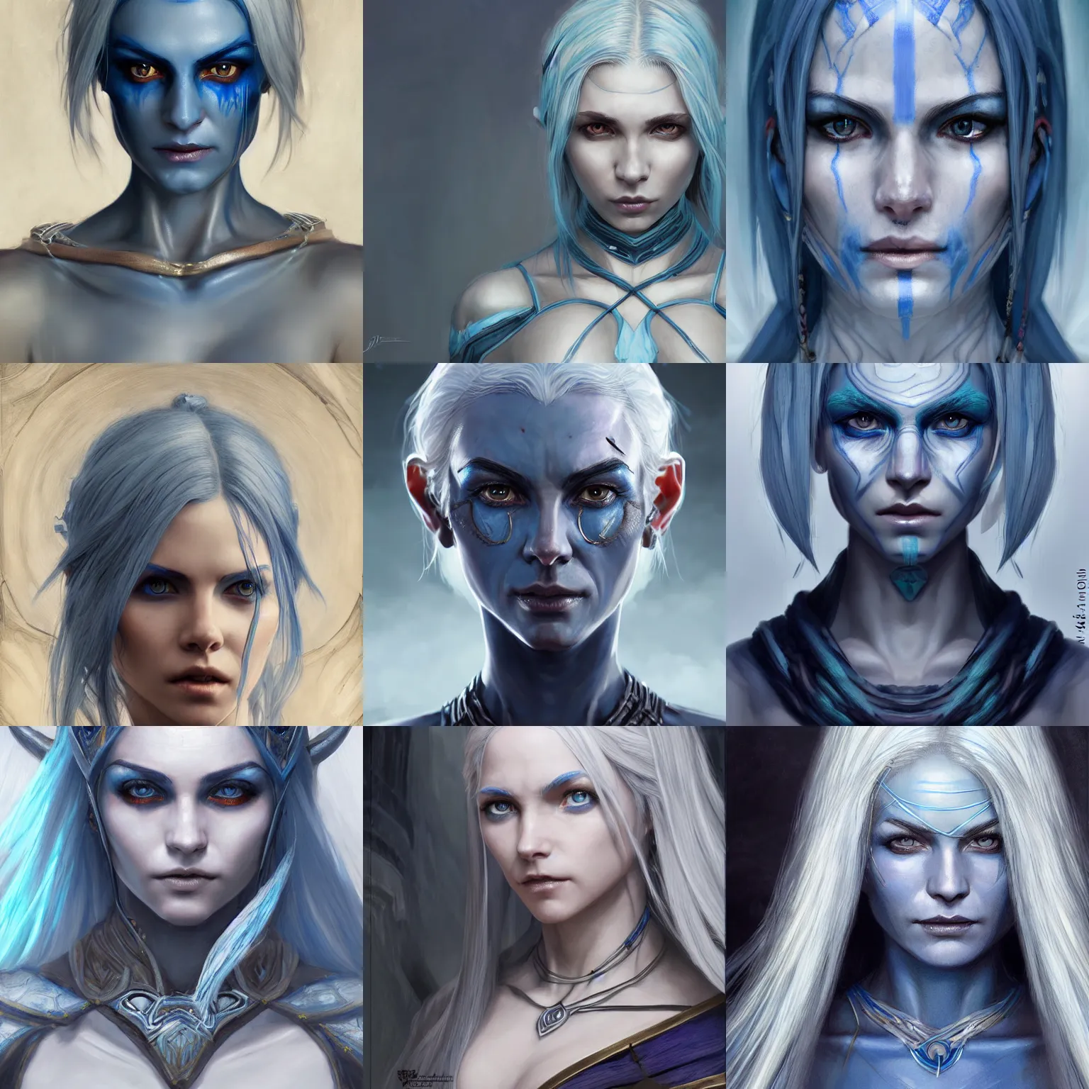 Prompt: dunmer sage with blue skin and white hair intricate portrait by john william waterhouse and artgerm and wlop, very coherent symmetrical artwork. Cinematic, high detail 8k