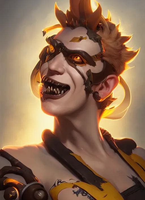 Image similar to character portrait of a fusion of Junkrat from Overwatch and Mercy from Overwatch by ArtGerm and Tom Bagshaw, 4k, highly detailed, cinematic lighting, characters merged