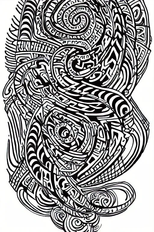 Prompt: a thin intricate lineart swirling tribal tattoo design, black and white