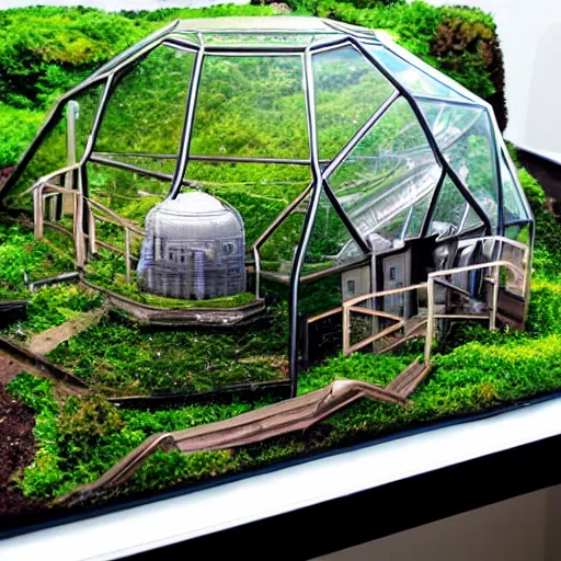 Image similar to a large terrarium with a diorama of a nuclear power station inside on top of a minimalist table, lit from the side