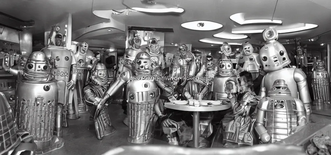 Prompt: cybermen and daleks and happy families eating fast food, inside a vintage fast food restaurant, kodak Ektachrome 10, 15mm wide angle close up