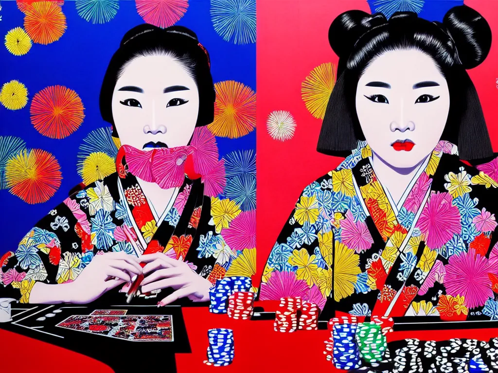 Image similar to hyperrealistic composition of the detailed woman in a japanese kimono sitting at a extremely detailed poker table with detailed darth vader, fireworks, mount fuji on the background, pop - art style, jacky tsai style, andy warhol style, acrylic on canvas