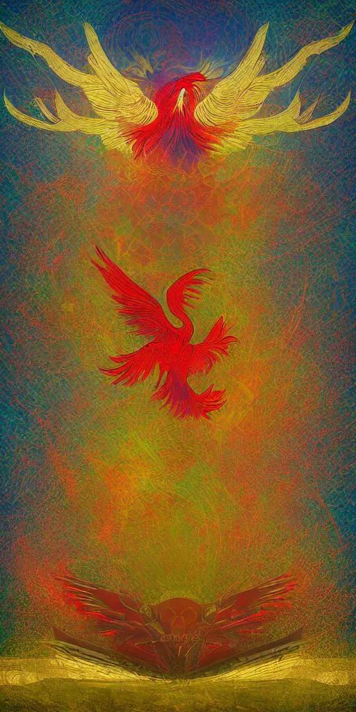 Prompt: the solarpunk phoenix, red bird, ornate egg, regeneration, landscape, epic composition, volumetric light, bokeh, inspired by monet and by alphonse mucha