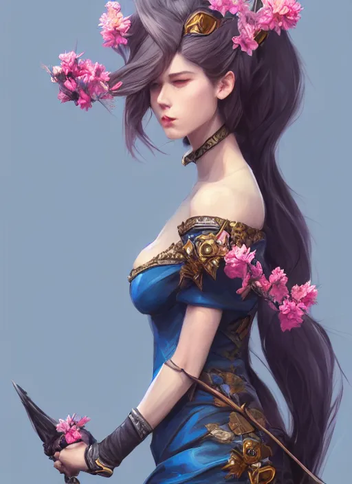 Image similar to female wyvern, wide angle view, flowers, blue black pink, gold, diamonds, highly detailed, artgerm, cushart krenz, artstation, soft light, sharp focus, illustration, character design, concept art