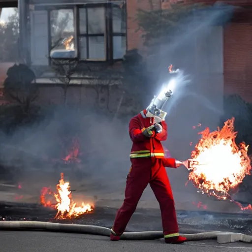 Image similar to a clown wearing firefighter clothes, using a flamethrower projecting a bright flame towards a dumpster fire