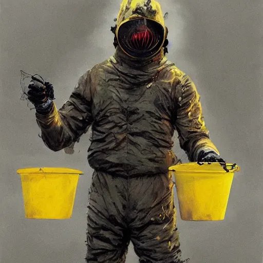 Prompt: a painting of a man in a yellow bio hazard suit holding a bucket and looking at mutant gigantic spider, poster art by jakub rozalski, trending on artstation, nuclear art, apocalypse art, dystopian art, poster art