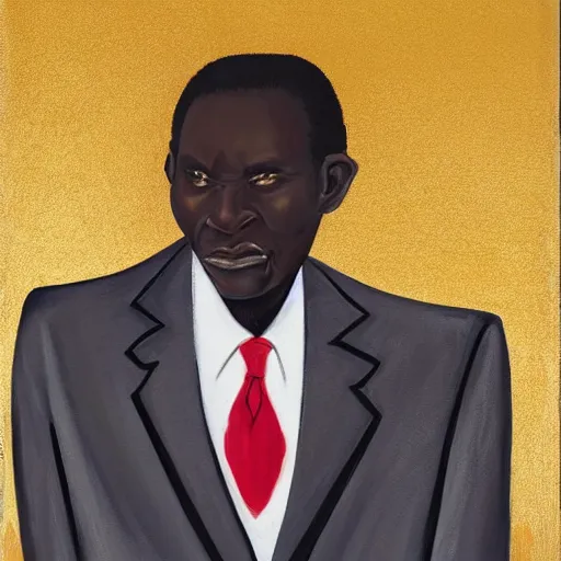 Image similar to a painting of a loving, caring fatherly wide forehead, aquiline nose, round face, XXL , generous, ever-present, humble, wise elder from Kenya in a silver suit and red tie, by Kara Walker . Fatherly/daddy, focused, loving, leader, relaxed. Gold background, heavenly lights, details, smooth, sharp focus, illustration, realistic, cinematic, artstation, award winning, rgb , unreal engine, octane render, cinematic light, macro, depth of field, blur, light and clouds, highly detailed epic cinematic concept art CG render made in Maya, Blender and Photoshop, octane render, excellent composition, dynamic dramatic cinematic lighting, aesthetic, very inspirational, arthouse.