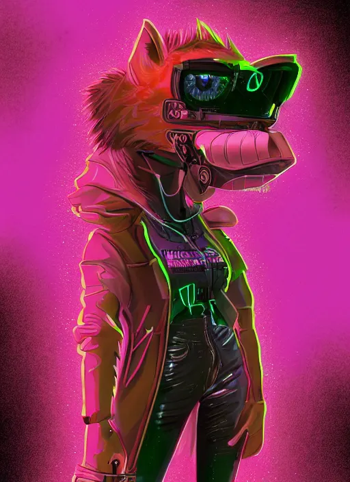 Prompt: digital painting of anthromorphic hyena female, fursona, furry fandom, neon rainy cyberpunk setting, anthro, wearing cyberpunk leather jacket, detailed face,