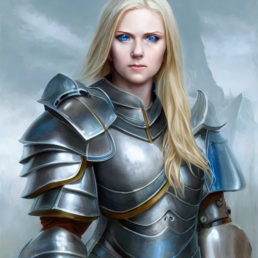 Prompt: fantasy RPG symmetrical portrait, centered shoulders up view, young blonde woman, blonde hair, blue eyes, iron plate armour, pale skin, 4k, by Marc Simonetti, highly detailed, soft lighting 8k resolution