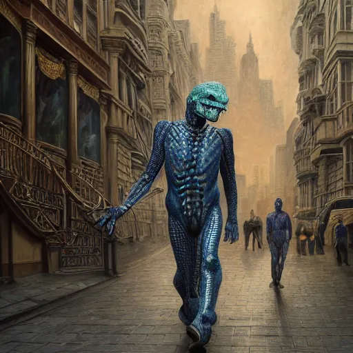 Image similar to humanoid reptilian man walks through the center of a city, extremely detailed oil painting, 1 9 2 0's colored pencil, highly detailed, highly accurate, deep aesthetic, 8 k, highly ornate intricate details, cinematic lighting, rich colors, beautiful scenic view, ray tracing, hyperrealistic, photorealistic, cinematic landscape, trending on artstation, concept art,