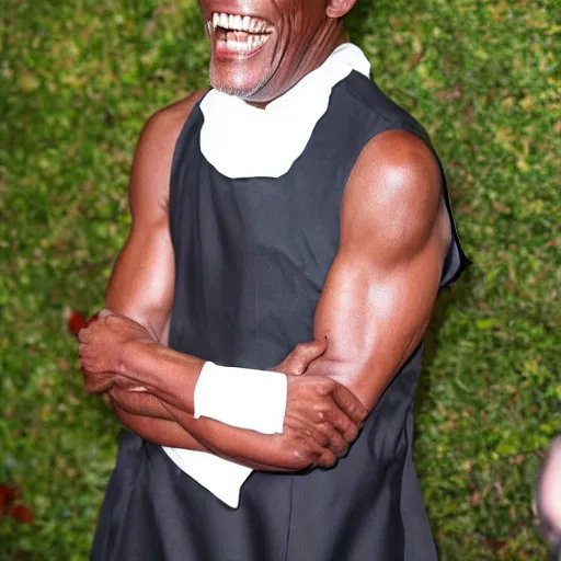 Prompt: Samuel L Jackson in a maid outfit laughing