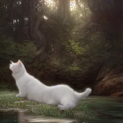 Image similar to white fluffy cat rising from the water. view from behind, wide angle view, back view. nuri iyem, james gurney, james jean, greg rutkowski. trending on artstation, starlight, and enchanted dreams