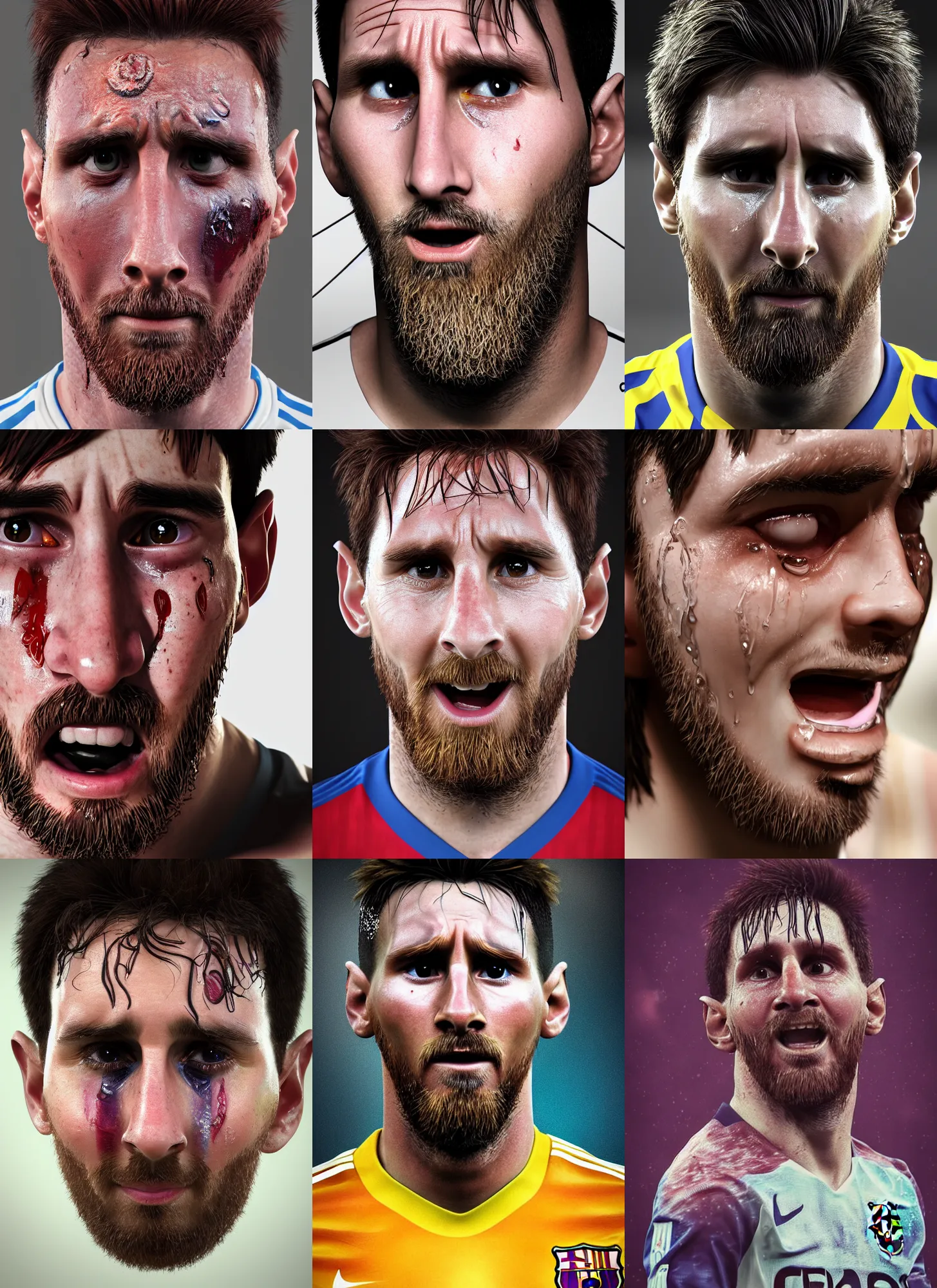 Prompt: portrait of ((cute)) crying Messi!!, photorealistic, 35mm, tears drip from the eyes, close-up, Octane render, trending on Artstation, 4k, 8k, perfect face, highly detailed, digital art