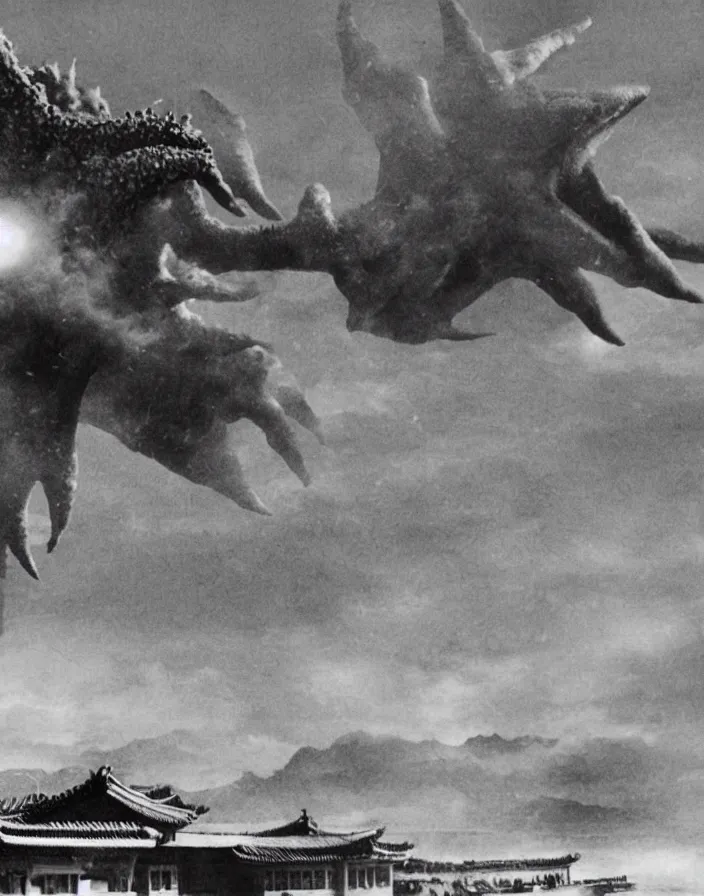 Image similar to a filmstill of a north korean monster movie, kaiju - eiga monster starfish - like trampling a traditional korean palace, foggy, film noir, epic battle, etheral, explosions, communist propaganda, communist epic thriller, by akira kurosawa and wes anderson video compression