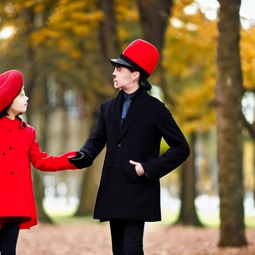 Prompt: A thin man in a black coat and bowler hat talks with small young girl dressed in a red coat and a red hat, park, autumn, Berlin, oil painting style , wide angle, width 768