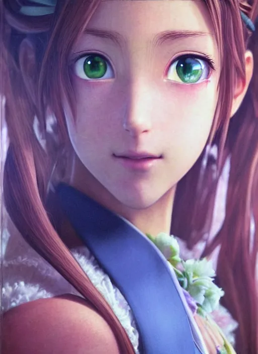 Image similar to Aerith Gainsborough stares intently up towards the viewer, seen from a downward angle. ultra detailed painting at 16K resolution and epic visuals. epically surreally beautiful image. amazing effect, image looks crazily crisp as far as it's visual fidelity goes, absolutely outstanding. vivid clarity. ultra. iridescent. mind-breaking. mega-beautiful pencil shadowing. beautiful face. Ultra High Definition. processed twice. polished marble.