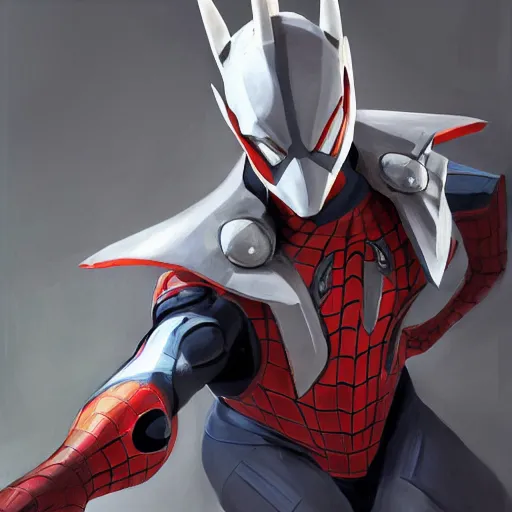 Image similar to greg manchess portrait painting of armored spiderman ultraman grey fox from metal gear cyborg gay japanese - american hybrid as overwatch character, medium shot, asymmetrical, profile picture, organic painting, sunny day, matte painting, bold shapes, hard edges, street art, trending on artstation, by huang guangjian and ail elvgren and sachin teng