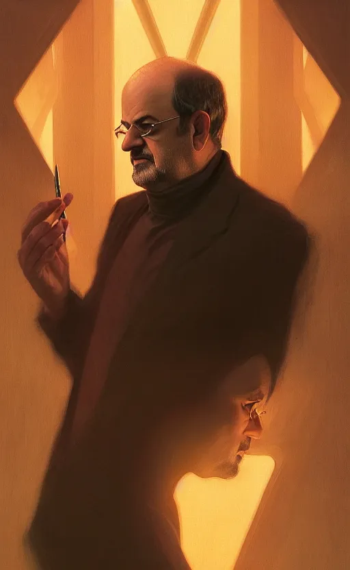 Image similar to portrait of salman rushdie writing in the dark, deep focus, blade runner 2 0 4 9, fantasy, intricate, elegant, highly detailed, digital painting, artstation, concept art, matte, sharp focus, illustration, art by artgerm and greg rutkowski and alphonse mucha