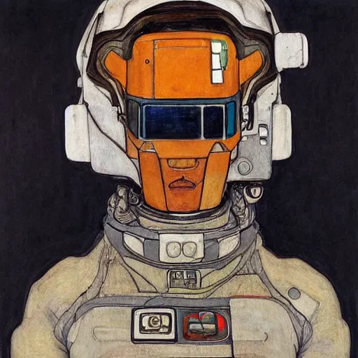 Prompt: a beautiful portrait of a space bounty hunter by Egon Schiele, trending on Artstation