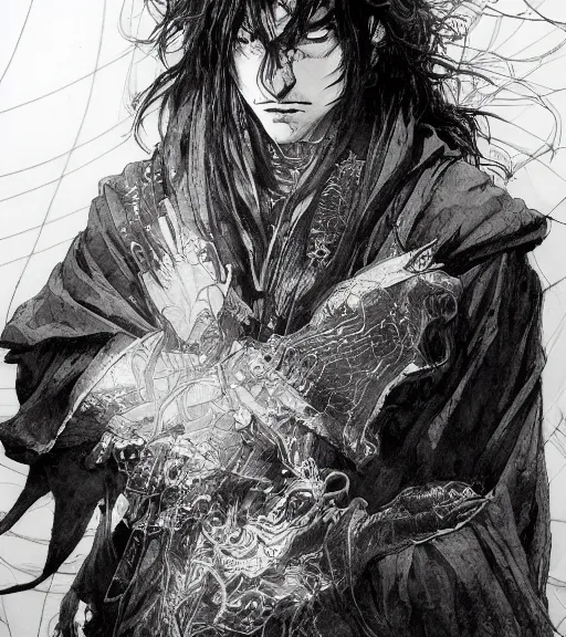 Image similar to portrait of a sinister anime man with long hair wearing a dark robe, pen and ink, intricate line drawings, by craig mullins, ruan jia, kentaro miura, greg rutkowski, loundraw