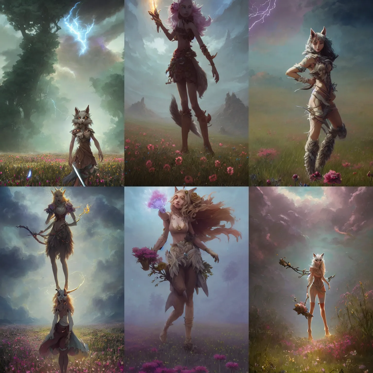 Prompt: A high fantasy wolf girl standing in the middle of the field of flowers, by Peter Mohrbacher and Craig Mullins, epic, cinematic full shot official media, beautiful, detailed, high quality, wallpaper 4K, epic, trending on artstation and behance, dynamic lightning