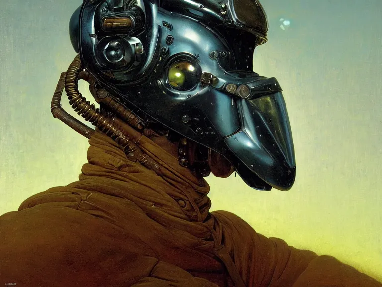 Image similar to a detailed profile oil painting of a humanoid with reflective visor, flight suit, portrait symmetrical and science fiction dieselpunk theme with aurora lighting by beksinski carl spitzweg and tuomas korpi. baroque elements, full-length view. baroque element. intricate artwork by caravaggio. Trending on artstation. 8k