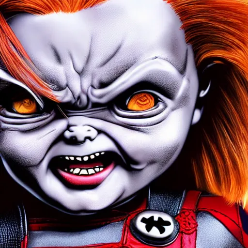 Prompt: chucky the doll in deadpool digital art 4 k detailed super realistic