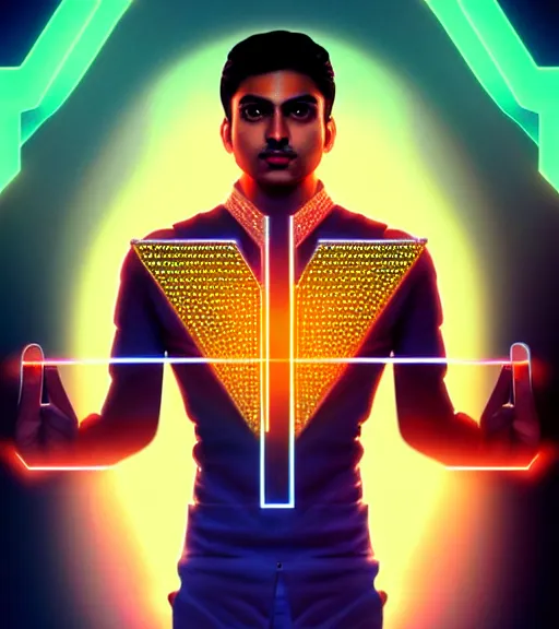 Image similar to symmetry!! indian prince of technology, solid cube of light, hard edges, product render retro - futuristic poster scifi, lasers and neon circuits, brown skin handsome indian prince, intricate, elegant, highly detailed, digital painting, artstation, concept art, smooth, sharp focus, illustration, dreamlike, art by artgerm