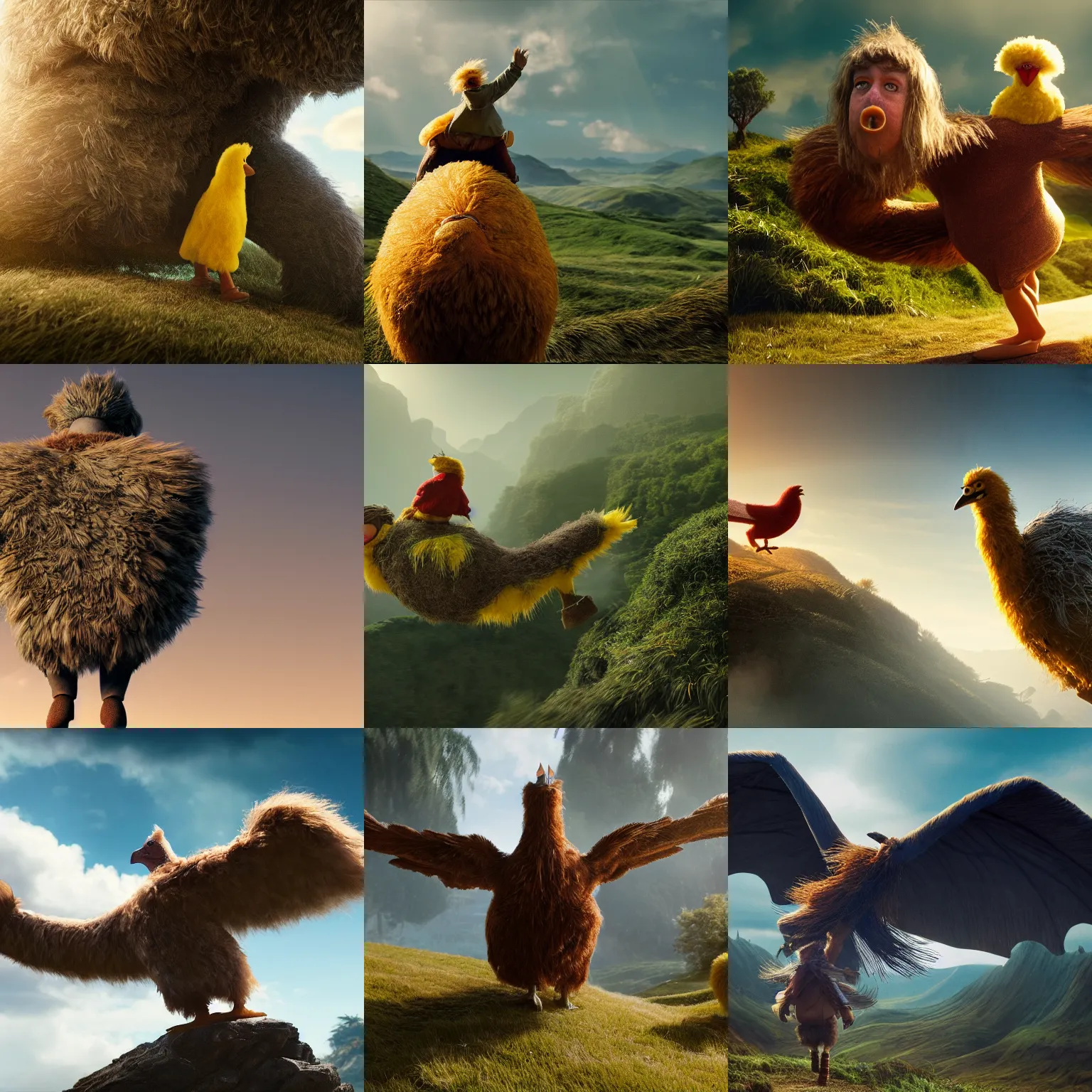 Prompt: big bird is attempting to ride the back of a hobbit, hyperrealistic, clean and pristine design, cinematic composition, dramatic lighting, concept art, 8 k, octane render