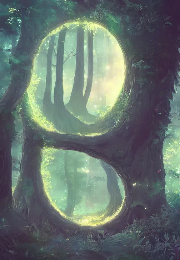 Image similar to a forest in a portal, space, galaxy, fantasy, artstation, digital art