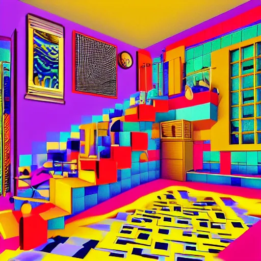Image similar to a drawing of a room with a staircase, a computer rendering by howard arkley, cg society contest winner, psychedelic art, isometric, voxel art, vaporwave