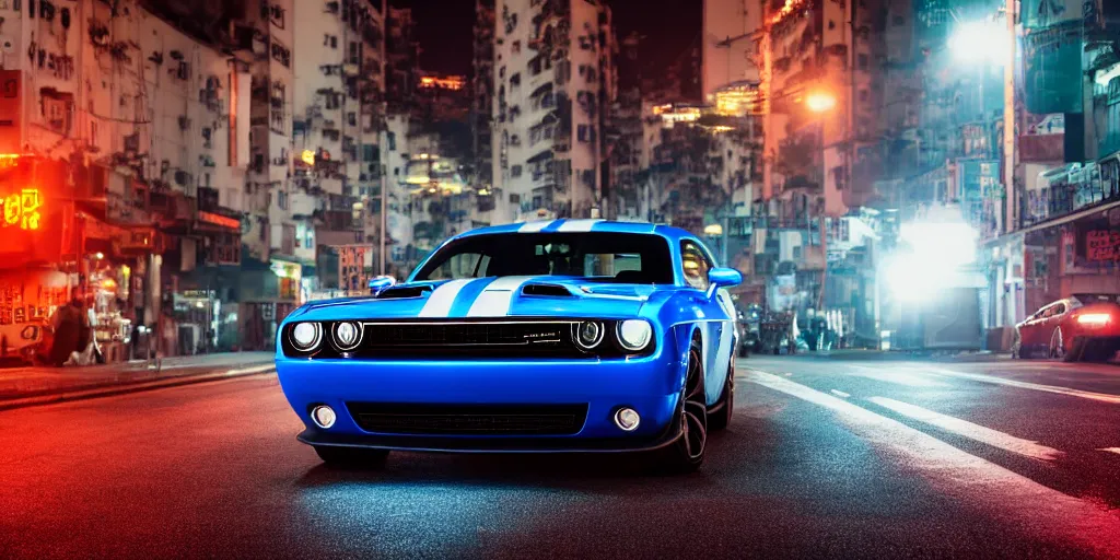 Image similar to dodge challenger with blood vinyil in the middle of a road on the night Hong Kong china town, blue color grading, cinematic color grading , unreal 5, hyperrealistic, realistic, photorealistic, dynamic lighting, highly detailed, cinematic landscape, studio landscape, studio lighting