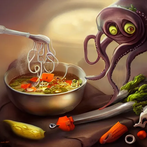 Image similar to octopus cooking soup among clouds, stirring a pot with a ladle and cutting vegetables, fantasy illustration, trending on artstation, deviantart, very realistic, 4k