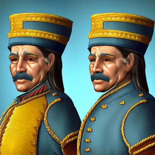 Prompt: high quality high detail character design of a colonial general, blue and yellow, photorealistic lighting