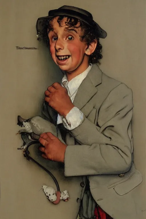 Prompt: a portrait painting of Tiny Tim. Painted by Norman Rockwell