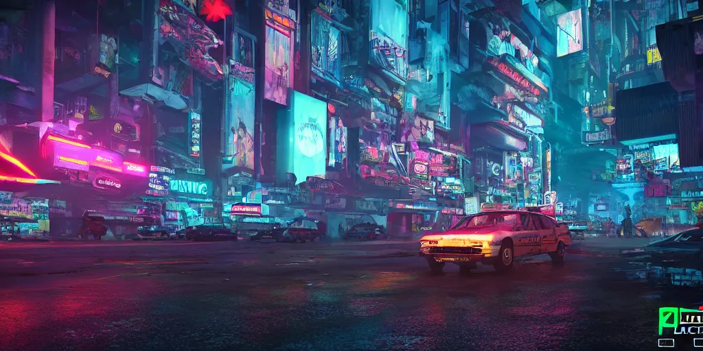 Image similar to a 3 d rendered in unreal engine guatemalan cyberpunk city with neon ads and signs with evocative dramatic mood with blade runner vibe with cars with motion blur with depth of field with bloom with lightshaft with volumetric lights, fog, by scott robertson, oscar winning graphics, photo realistic, bloom, imax, dynamic lighting, artstation,