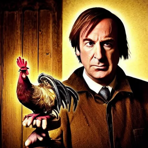 Image similar to saul goodman and a rooster in a medieval torture chamber, saw blades and knives in the background, horror movie, saul goodman, rooster, real life photo, detailed face