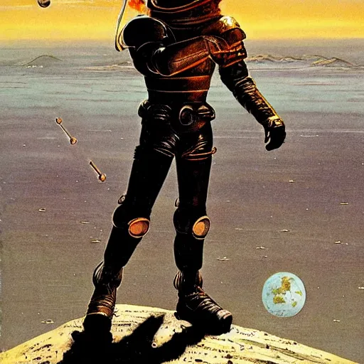 Prompt: crusader knight standing on the moon, vintage sci - fi art, by bruce pennington