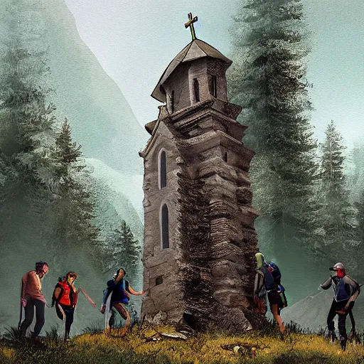 Image similar to a group of hikers stumble across a church steeple buried in the ground. artstation, illustration, concept art, forest, mountains