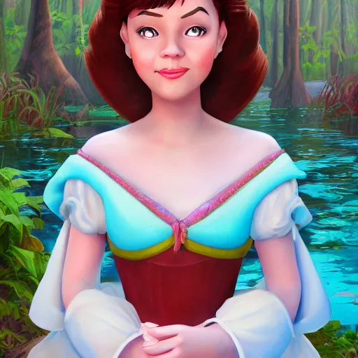 Image similar to a portrait of a princess in an animated disney backwater bayou movie, oil painting, pale colors, high detail, 8 k, wide angle, global illumination, trending on artstation,